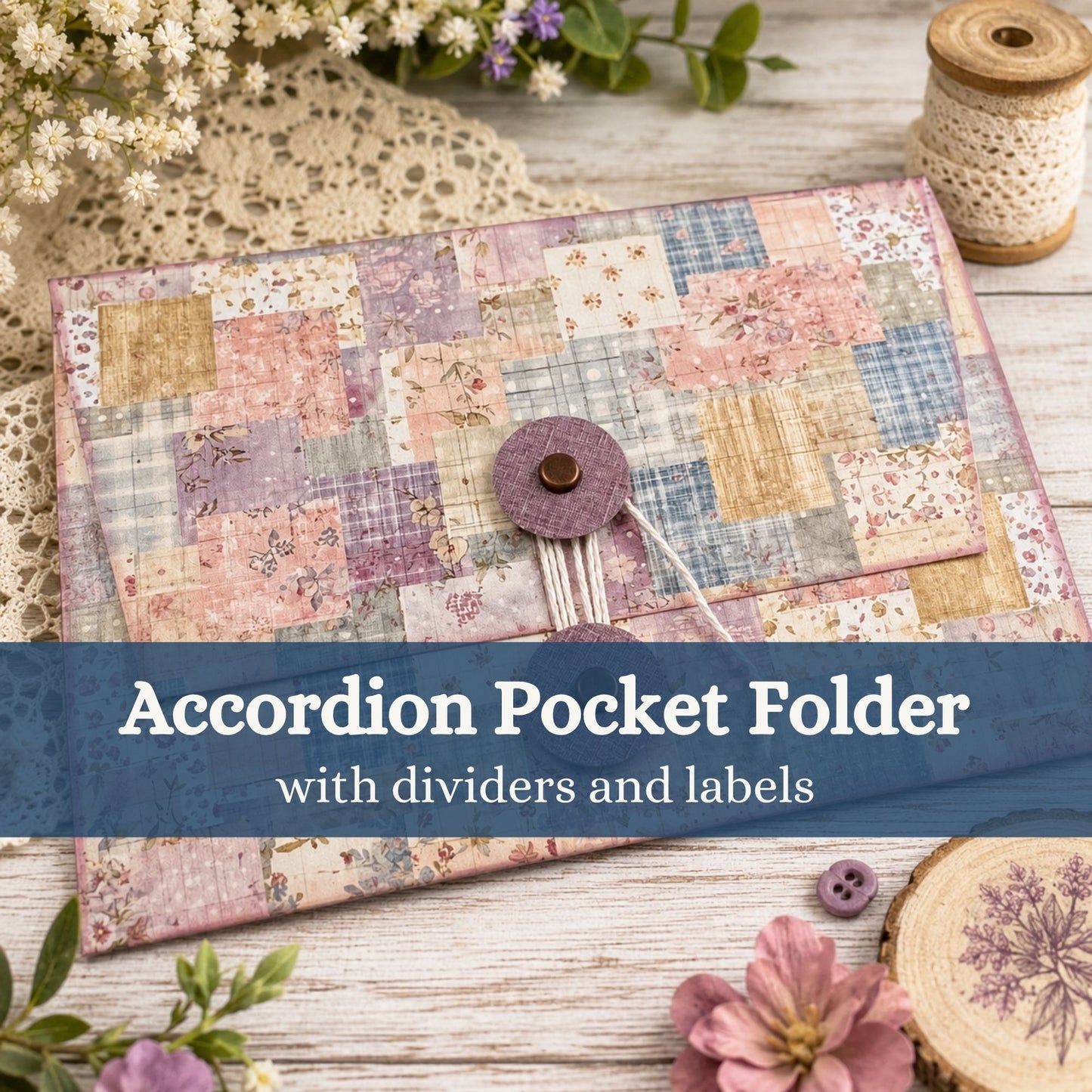 Patchwork fabric accordion pocket folder with a button closure, shown on a rustic wooden surface with decorative craft props and a text overlay reading 'Accordion Pocket Folder with dividers and labels'.