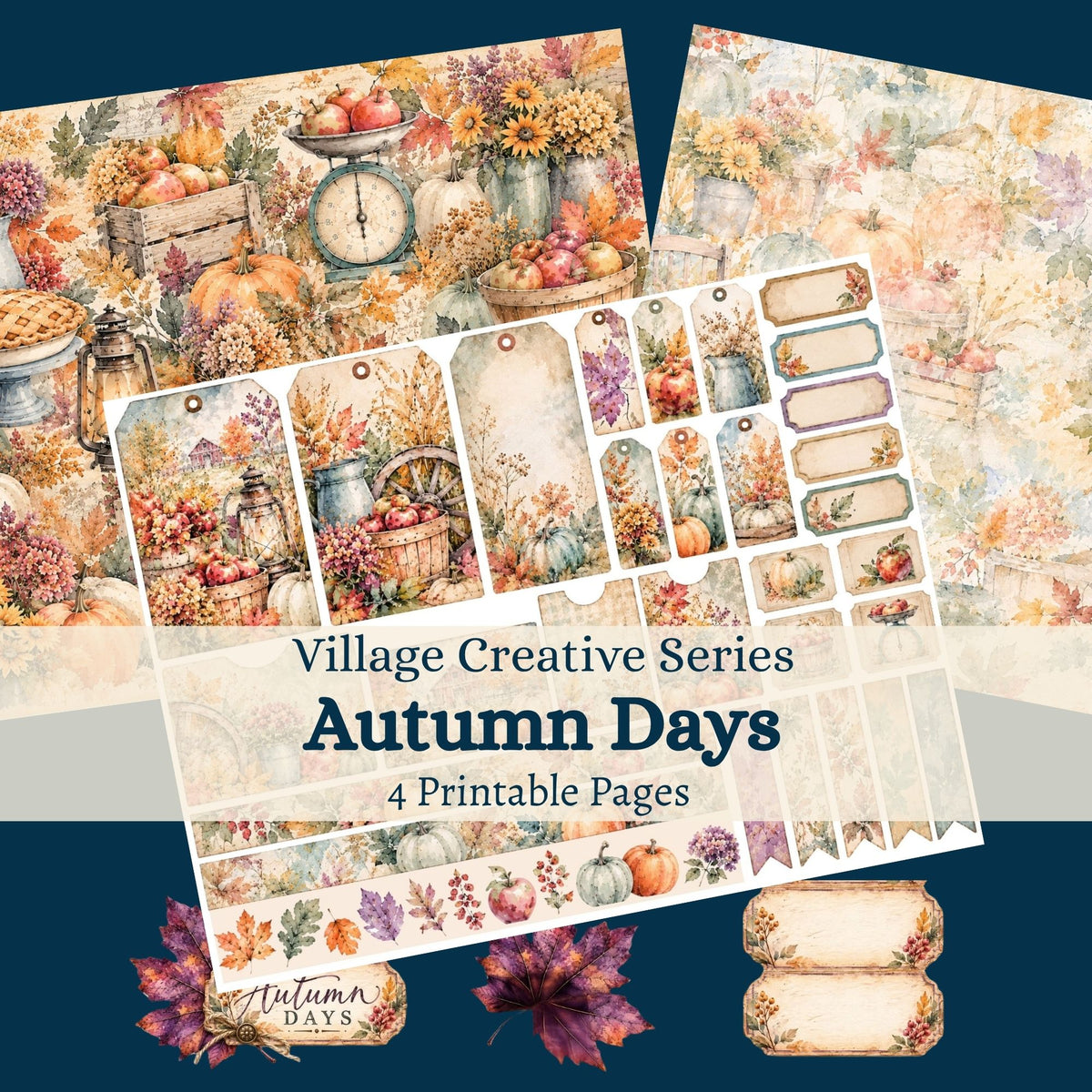 Autumn Days four-page printable collection featuring watercolor pumpkins, apples, fall leaves, flowers, tags, labels, and coordinating autumn papers.