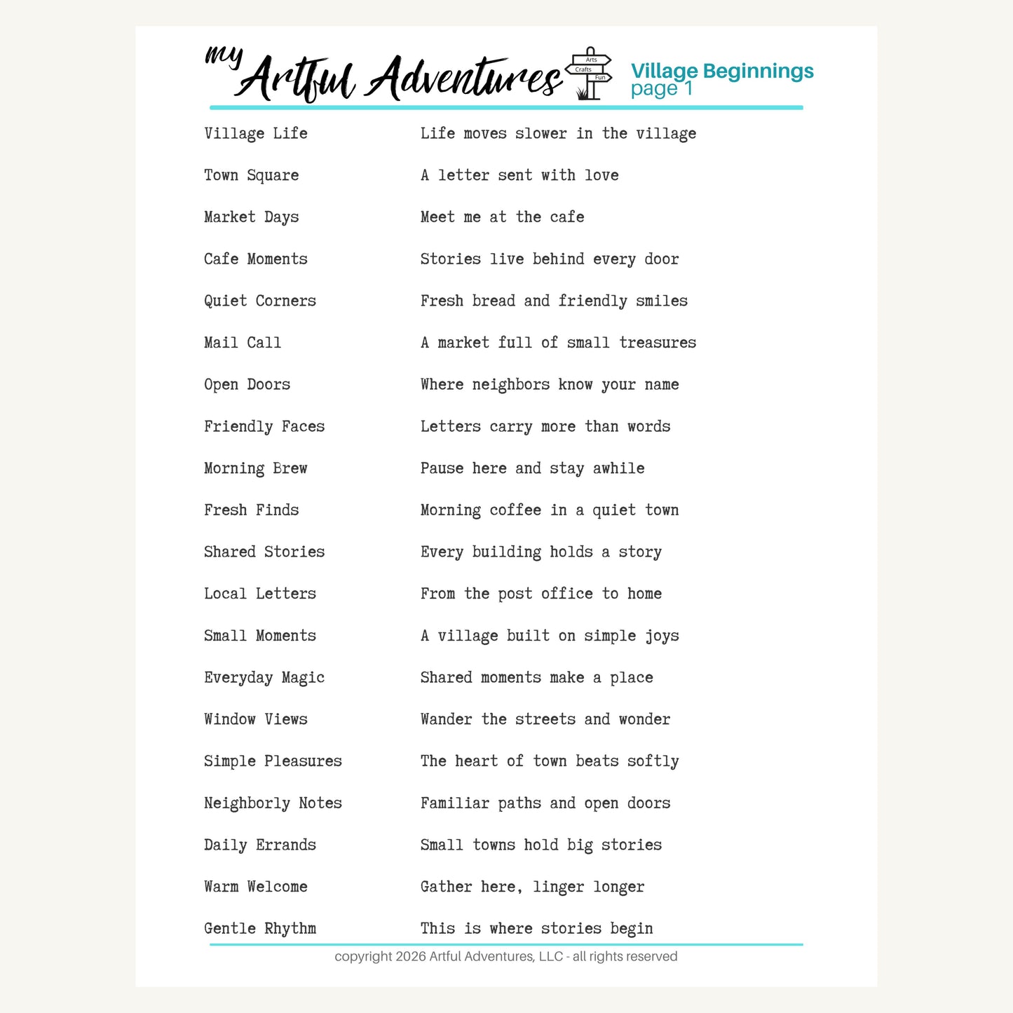Text document for printable word strips for Village Series beginnings with a list of village life descriptions for junk journals