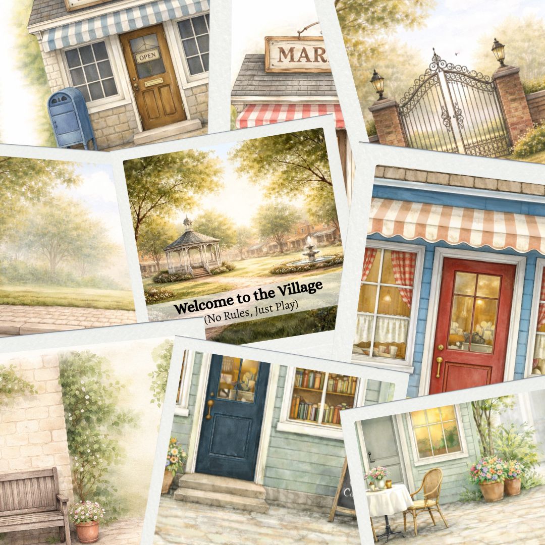 Printable village buildings in one- and two-story styles, designed for flaps, pockets, and interactive junk journal elements.