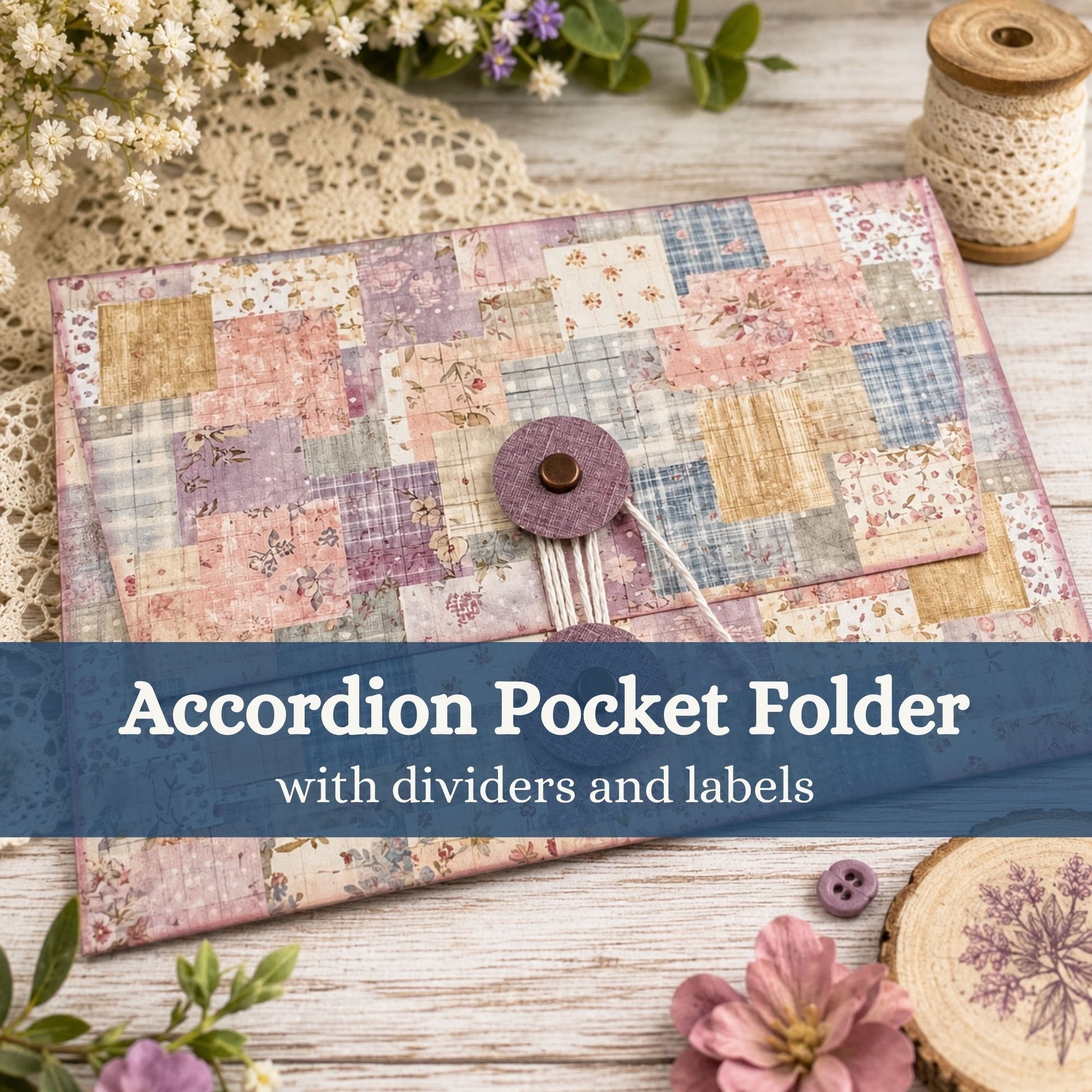 Patchwork fabric accordion pocket folder with a button closure, shown on a rustic wooden surface with decorative craft props and a text overlay reading 'Accordion Pocket Folder with dividers and labels'.