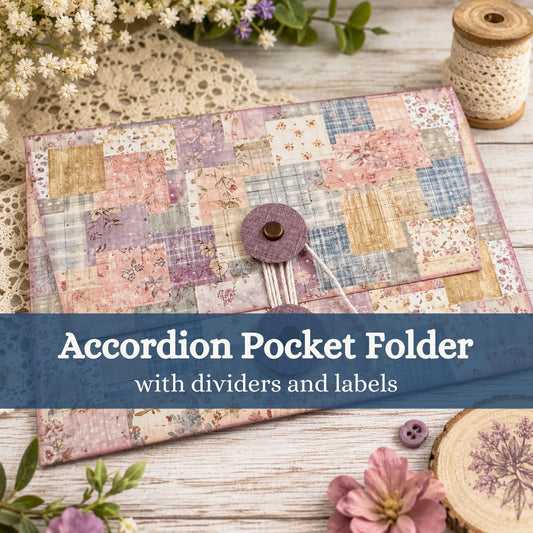 Patchwork fabric accordion pocket folder with a button closure, shown on a rustic wooden surface with decorative craft props and a text overlay reading 'Accordion Pocket Folder with dividers and labels'.