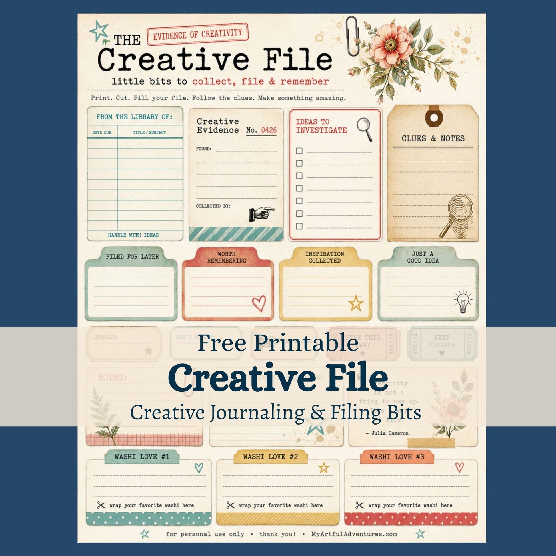 Free Creative File printable featuring vintage-inspired journaling cards, file tabs, tickets, note cards, labels, and washi sample cards for journals, planners, folios, and creative projects.