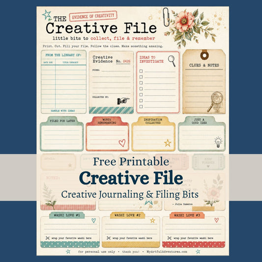 Free Creative File printable featuring vintage-inspired journaling cards, file tabs, tickets, note cards, labels, and washi sample cards for journals, planners, folios, and creative projects.