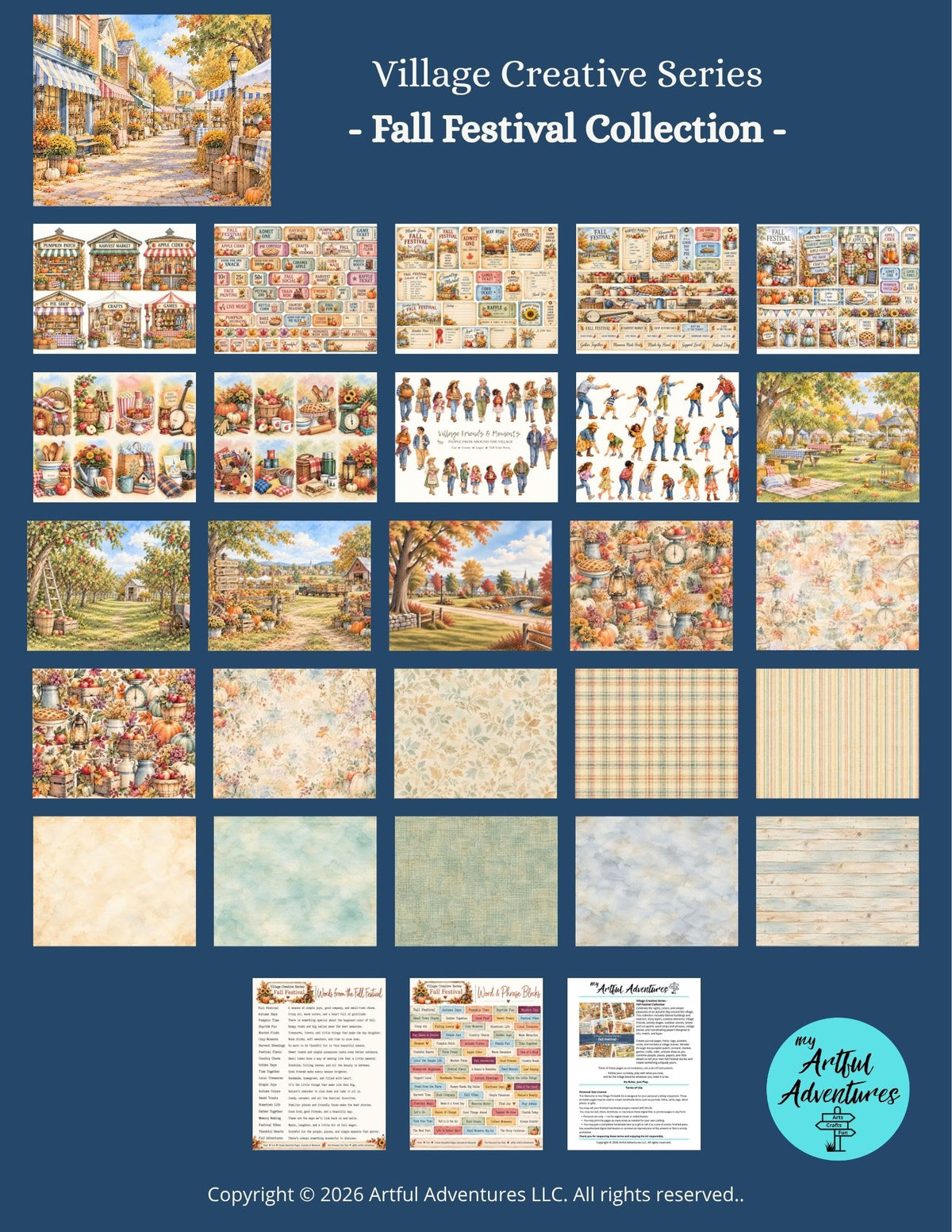 A collage-style product sheet for the 'Village Creative Series - Fall Festival Collection' showing many small printed artwork previews, pattern swatches, and booklet pages on a dark blue background. Visible branding includes 'Artful Adventures' and 'The Artisan'.