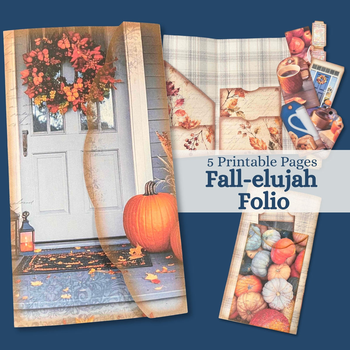 A promotional collage for a printable fall-themed elojah folio, showing several autumn-themed page designs and covers arranged on a dark blue background. Visible text reads '5 Printable Pages Fall-elujah Folio.