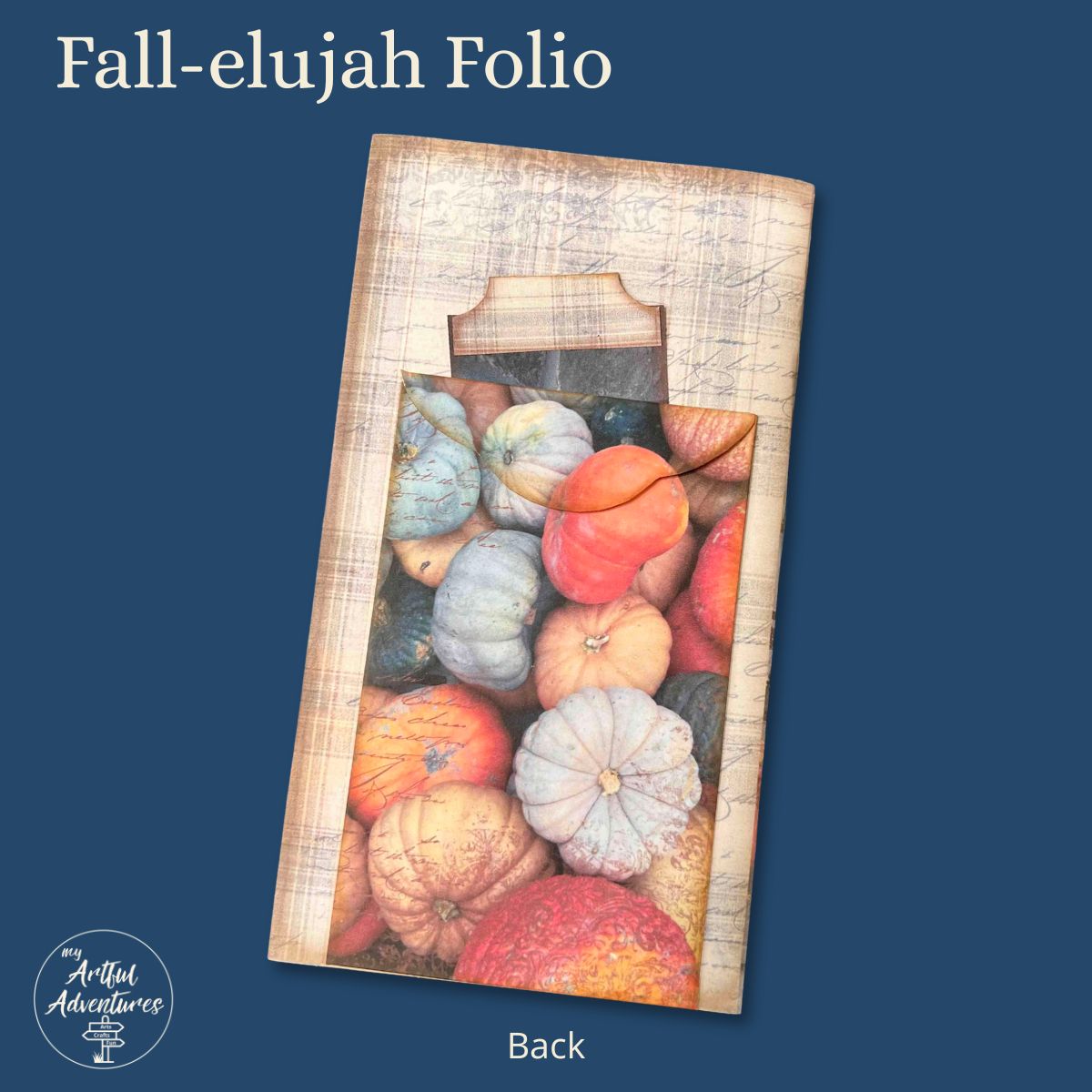 A Fall-elujah Folio card holder shown from the back on a dark blue background. The folio has a rustic, weathered wood-textured border and a clear window displaying a colorful assortment of autumn pumpkins and gourds.