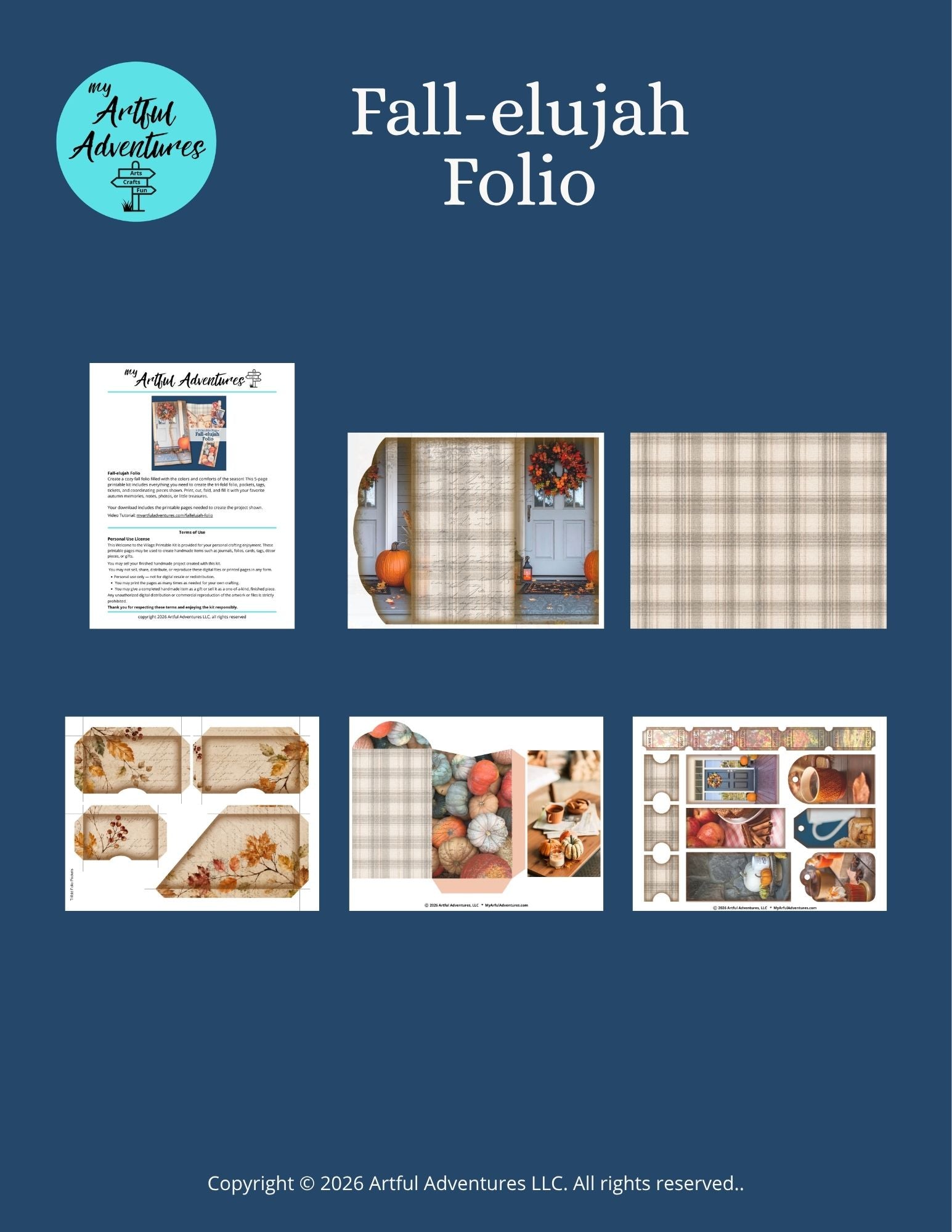 A digital preview sheet for a 'Fall-elujah Folio' by Artful Adventures, showing various printable pages and decorative elements arranged on a dark blue background.