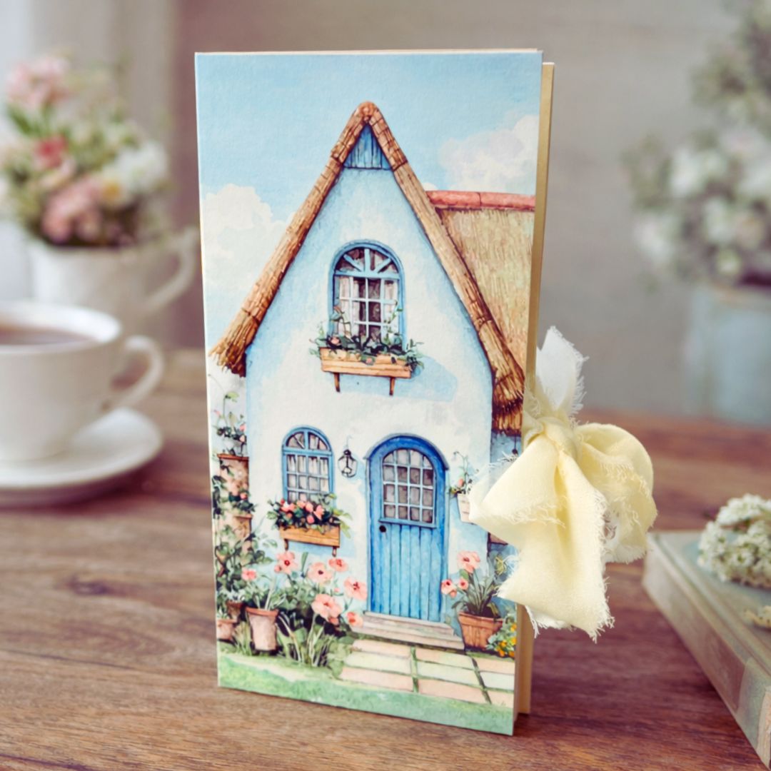 Journal with a cute house design on a wooden surface with a cup of coffee and flowers.