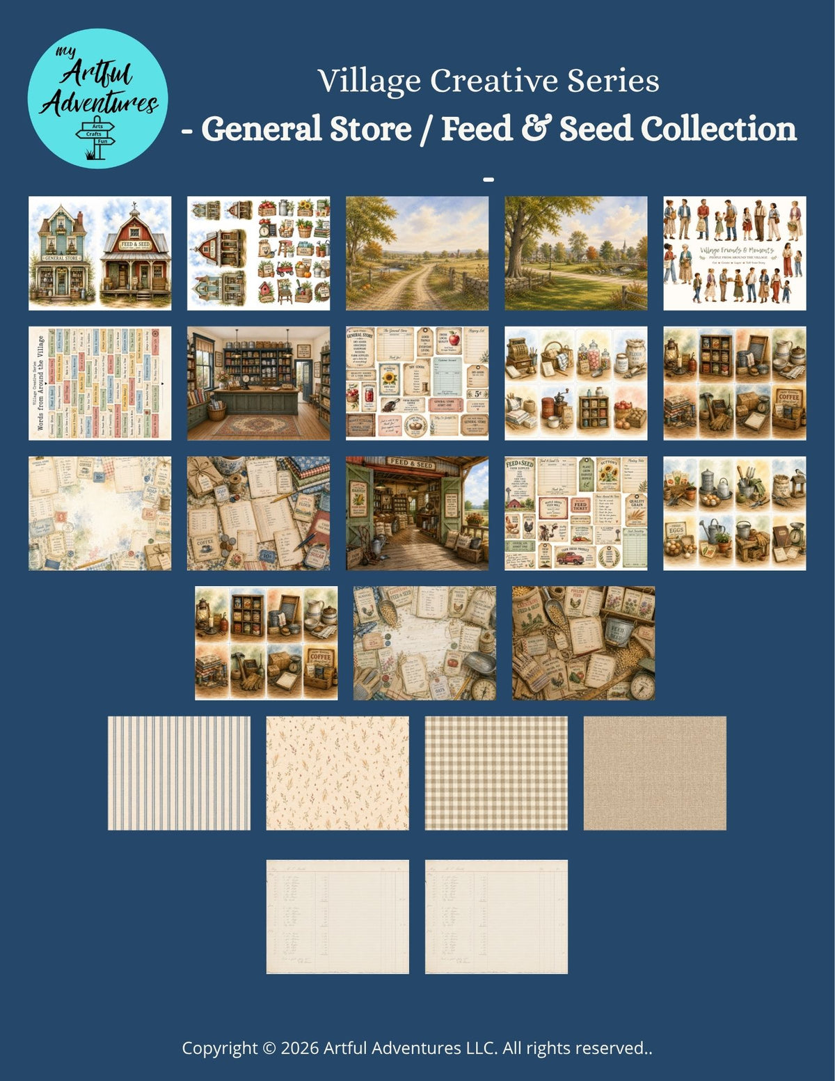 A promotional collage for the 'Village Creative Series - General Store / Feed & Seed Collection' by Artful Adventures, showing multiple sample images of vintage-style patterns, shop interiors, labels, and fabric-like designs on a dark blue background.
