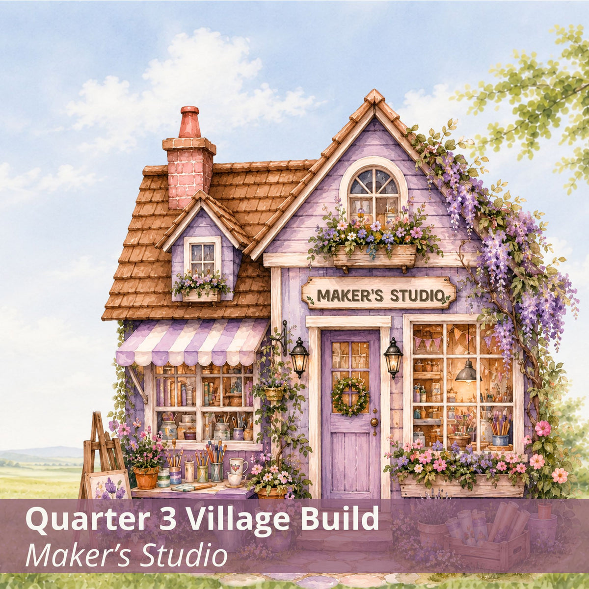 A pastel watercolor-style illustration of a small cottage shop labeled "MAKER'S STUDIO," with lavender siding, a brown roof, purple wisteria vines, flowers, and a sign reading "Quarter 3 Village Build Maker's Studio.".