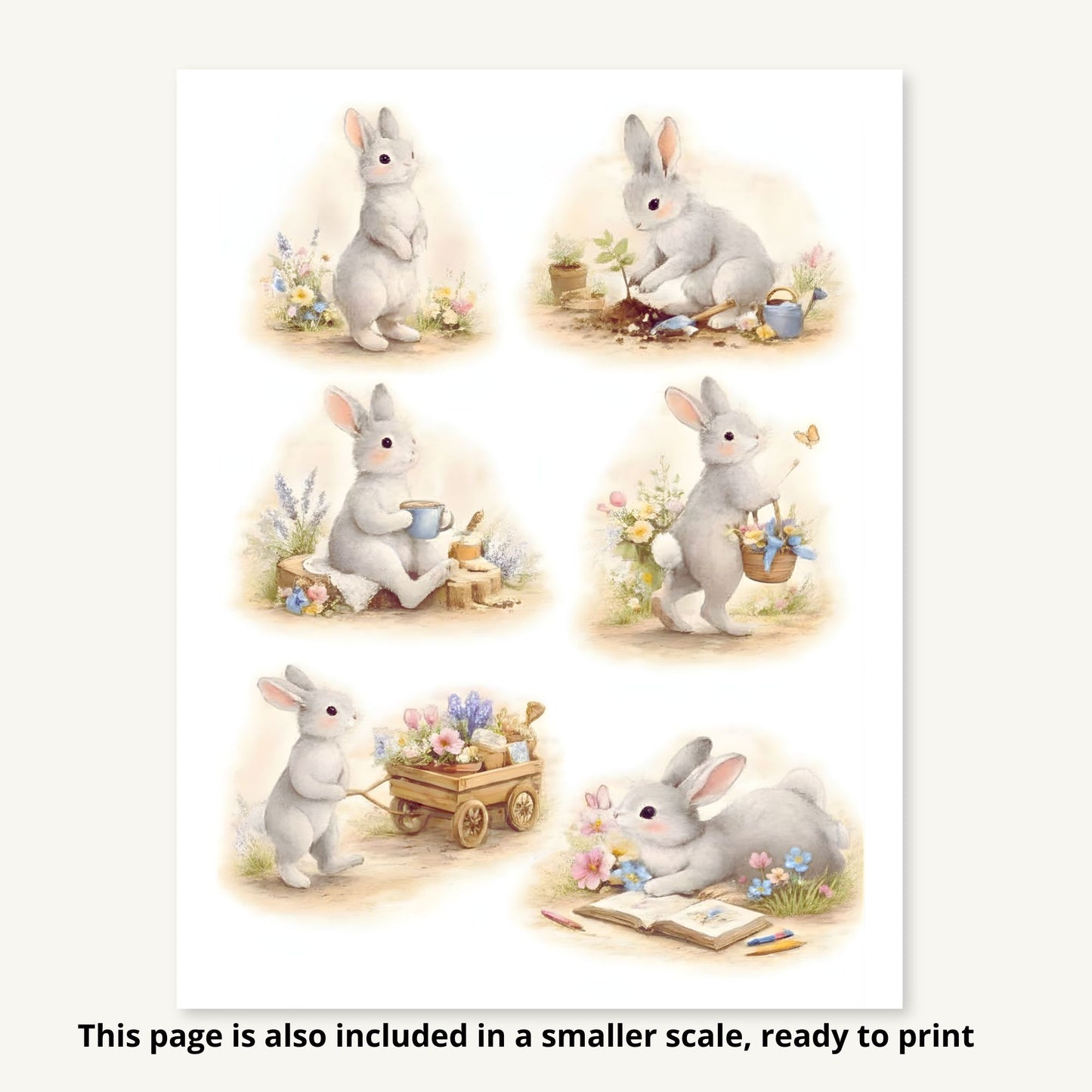 Illustrations of bunnies in various activities on a white background
