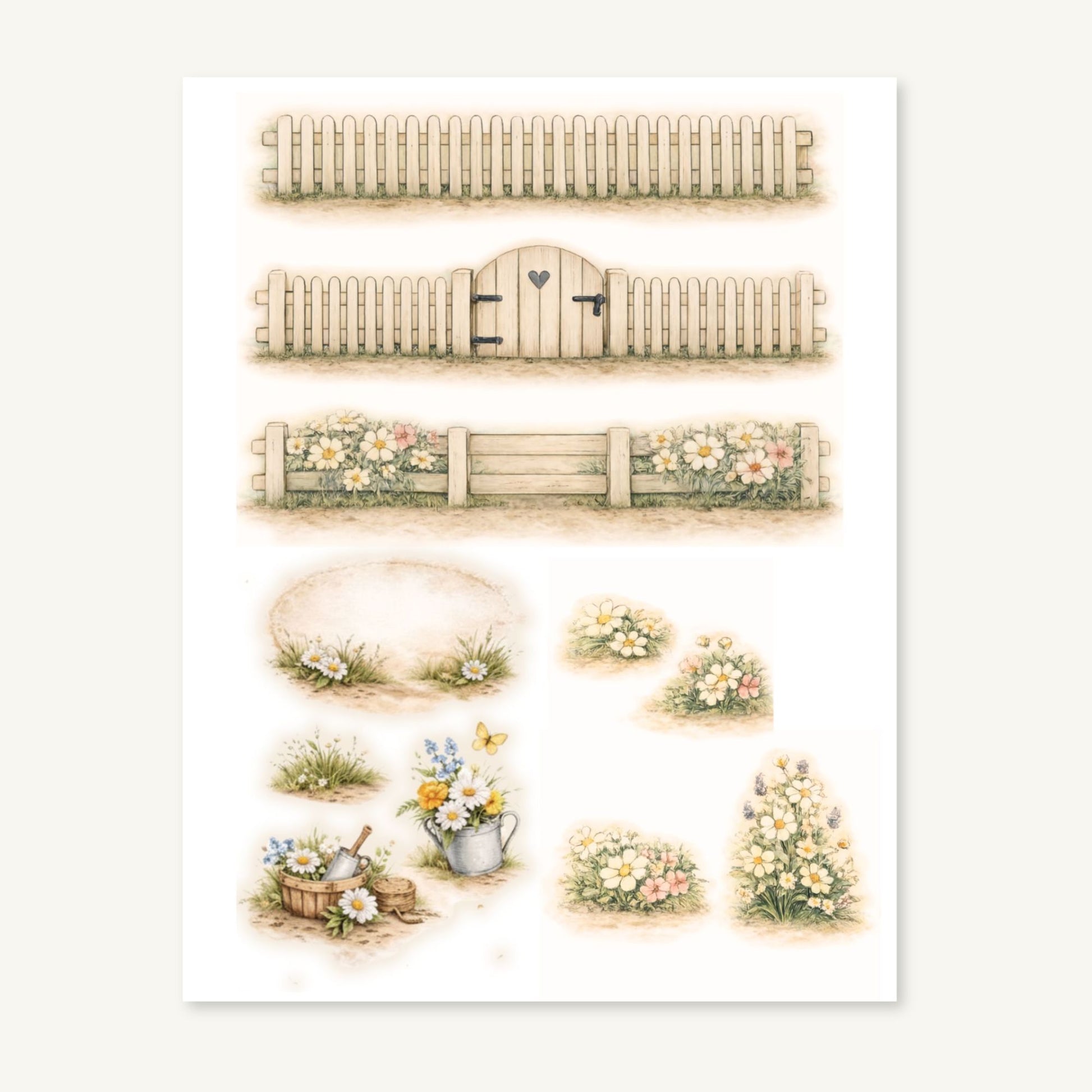 Set of garden-themed illustrations including a fence, flowers, and a basket on a white background.