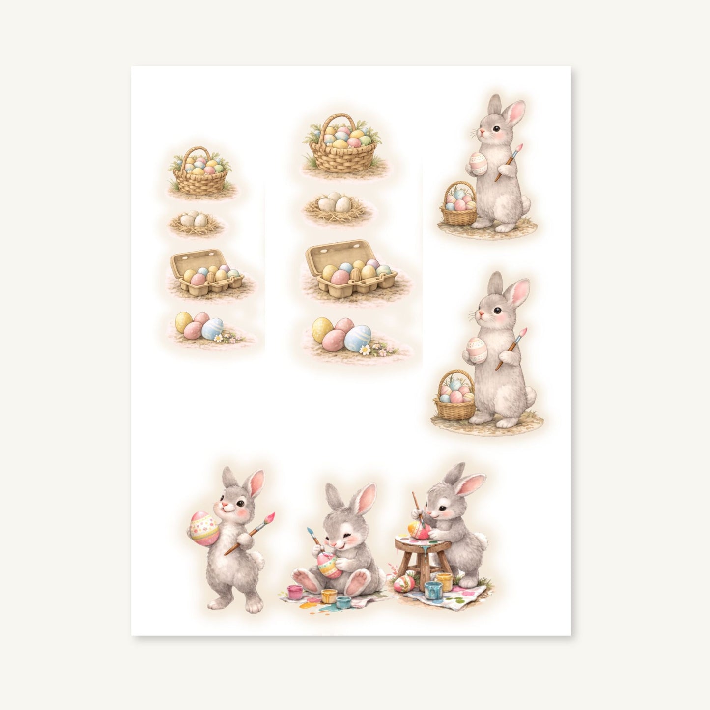 Illustrations of bunnies with Easter eggs and baskets on a white background
