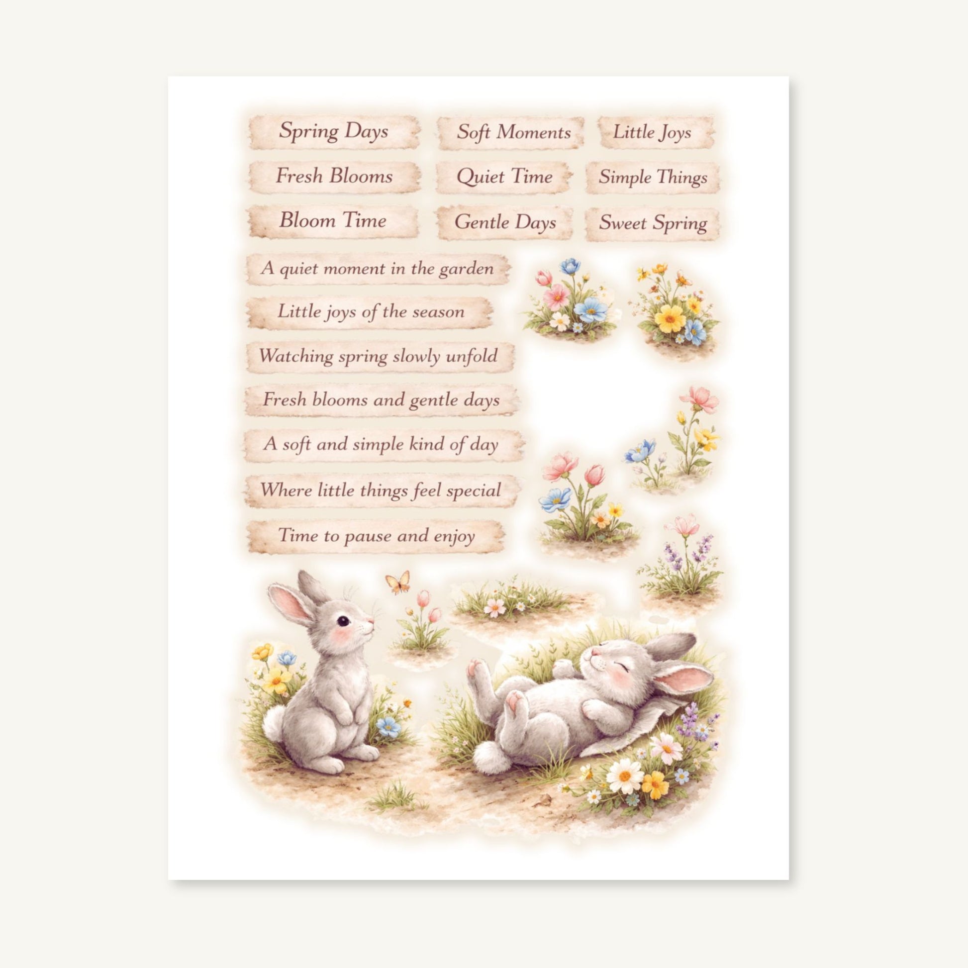 Print with rabbits, flowers, and spring-themed text on a white background