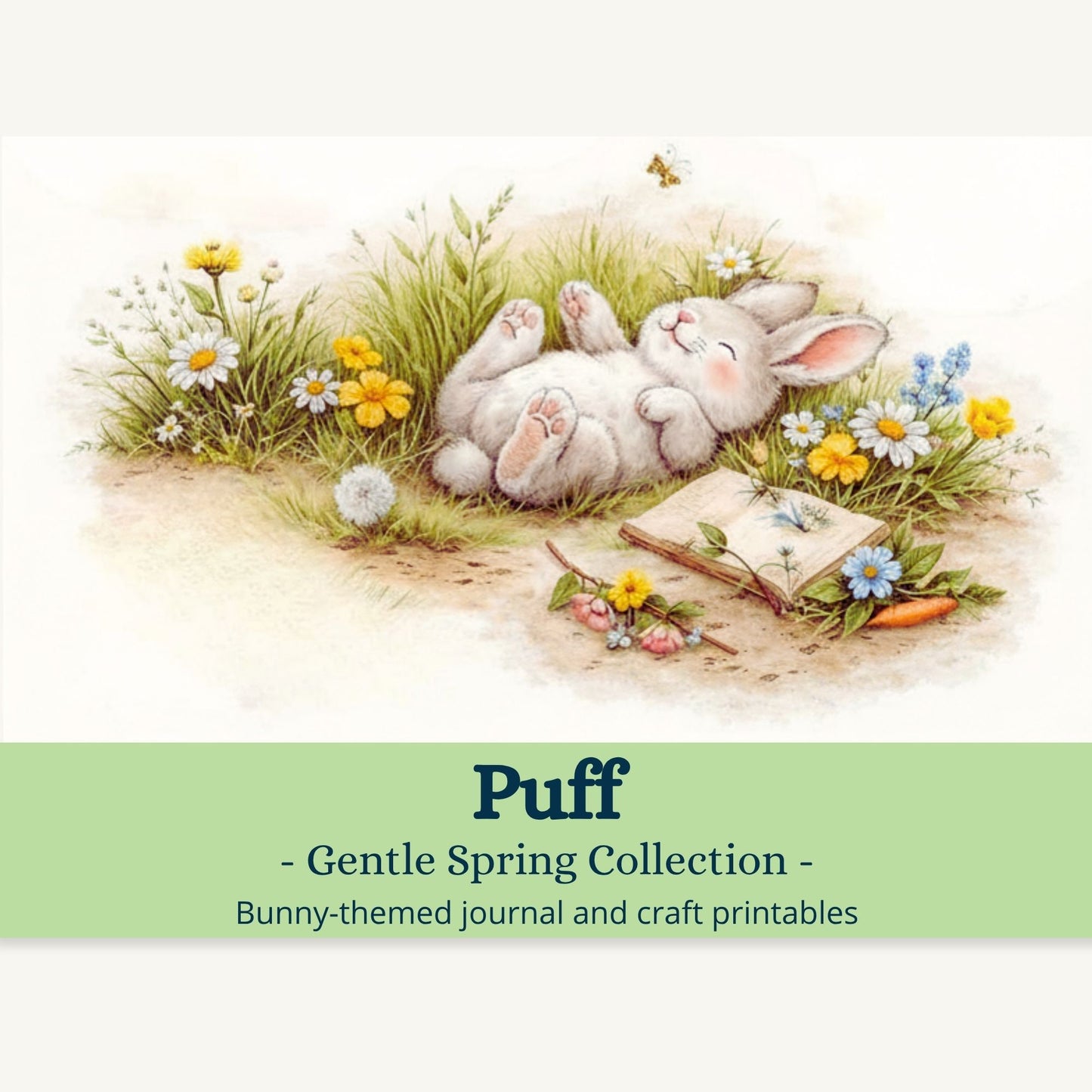 Cover of 'Puff Gentle Spring Collection' with a bunny and flowers on a white background