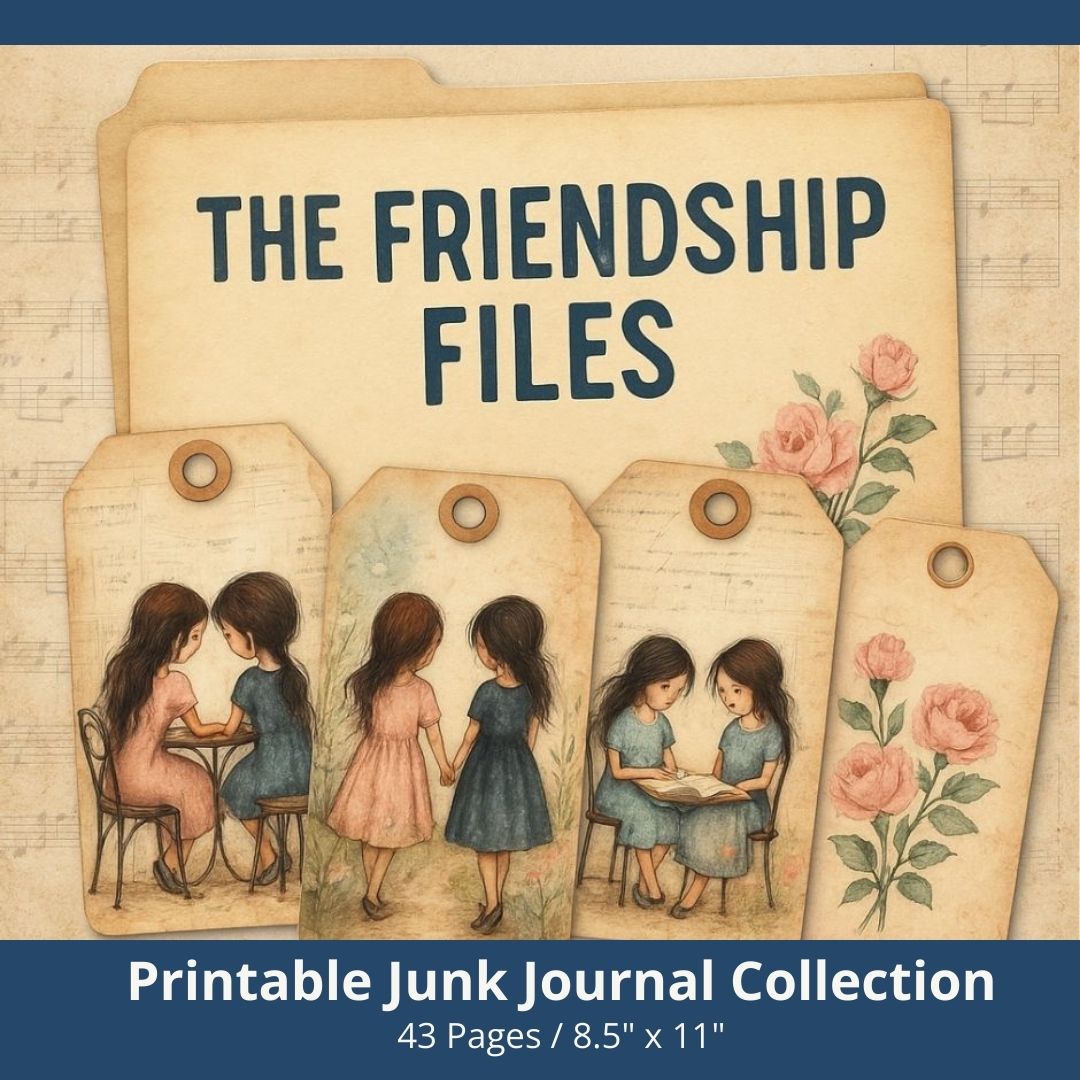 The Friendship Files printable junk journal kit – 43 page vintage friendship themed journal printable