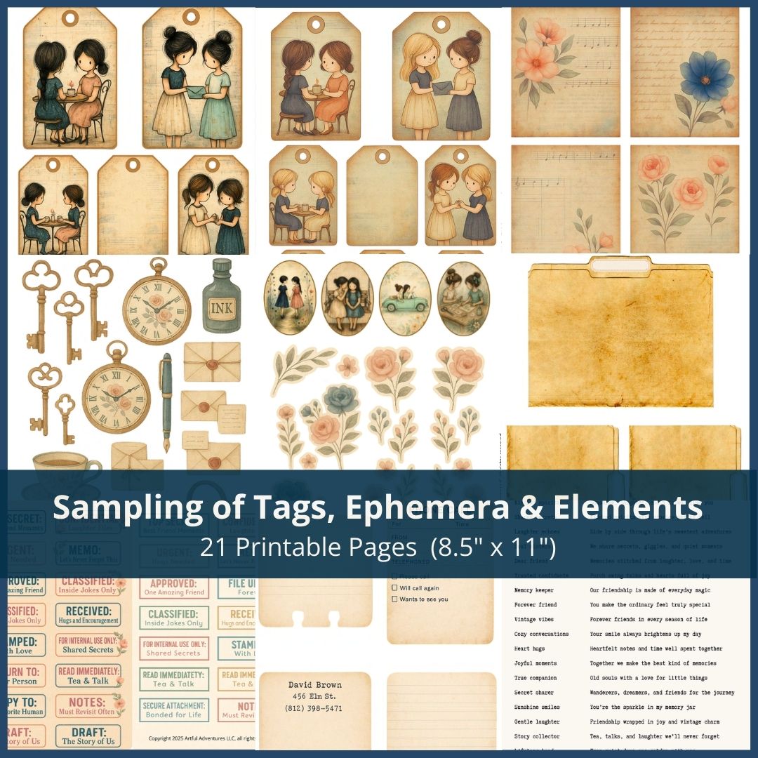 Printable junk journal tags ephemera clocks keys labels and word strips