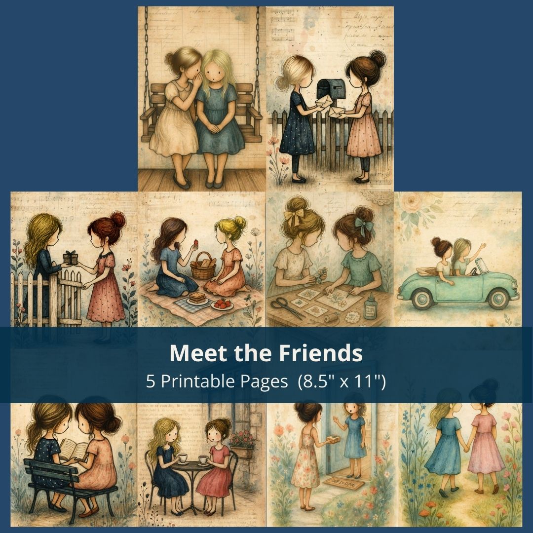 Friendship themed junk journal printable pages featuring vintage girls illustrations