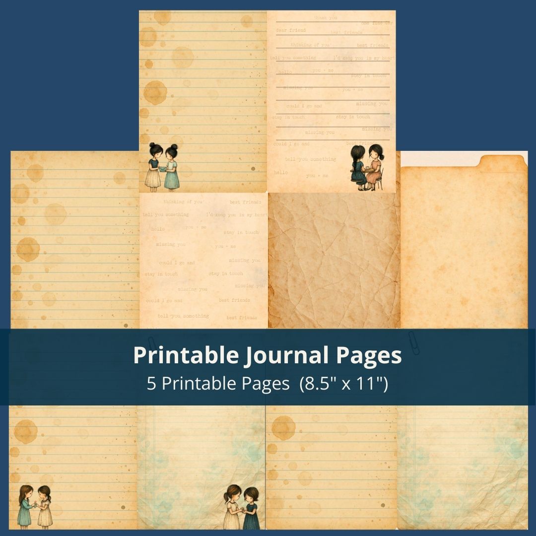 Printable junk journal writing pages with vintage paper textures and friendship illustrations