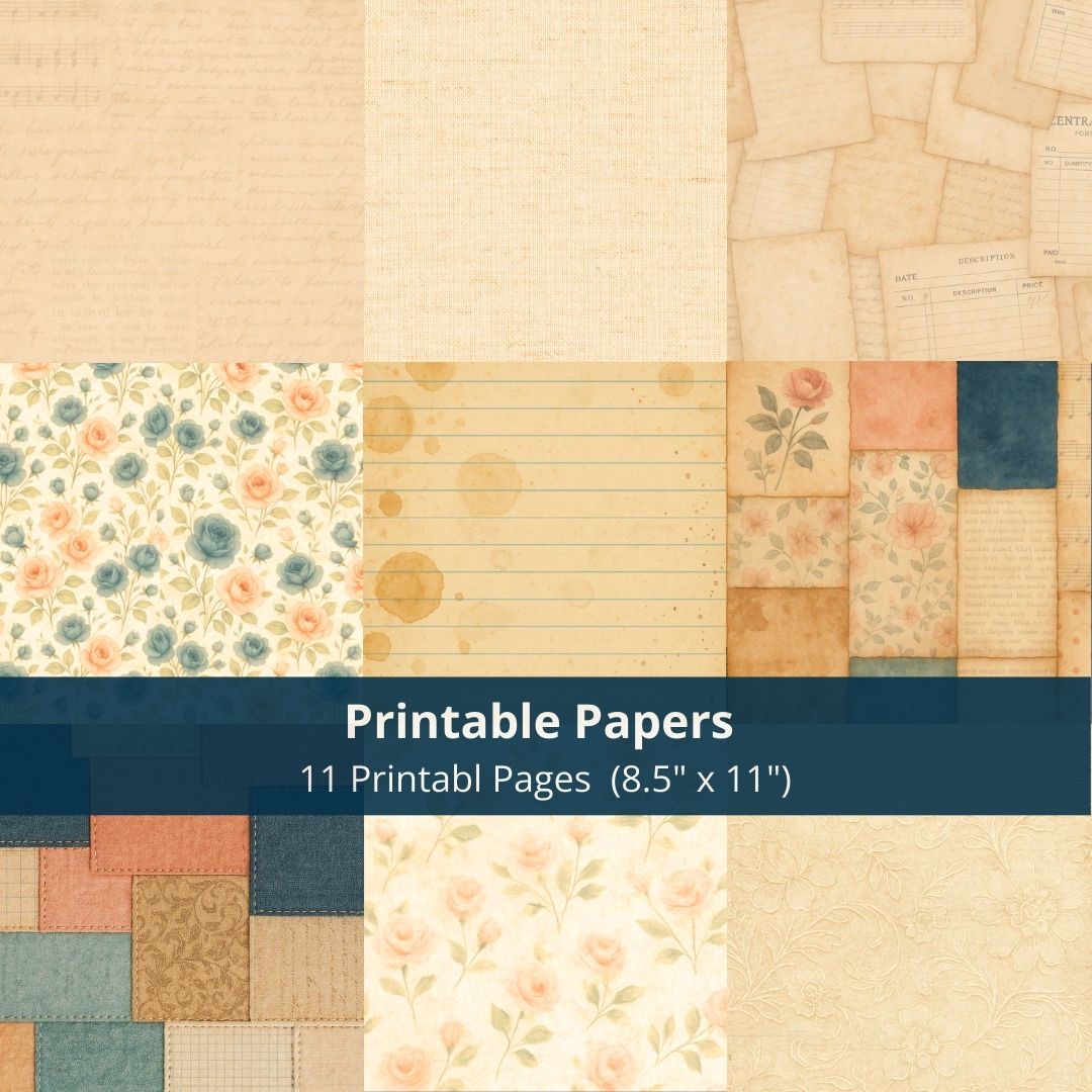 Vintage printable junk journal background papers in peach and teal floral theme