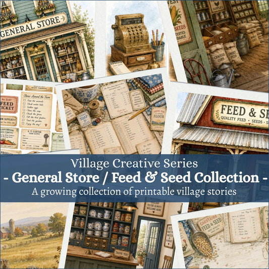 A collage-style promotional graphic for a printable collection titled 'Village Creative Series - General Store / Feed & Seed Collection -'. Multiple vintage-themed illustration panels show a general store exterior, a cash register, shelves of goods, handwritten receipts, notebooks, and rustic signage.