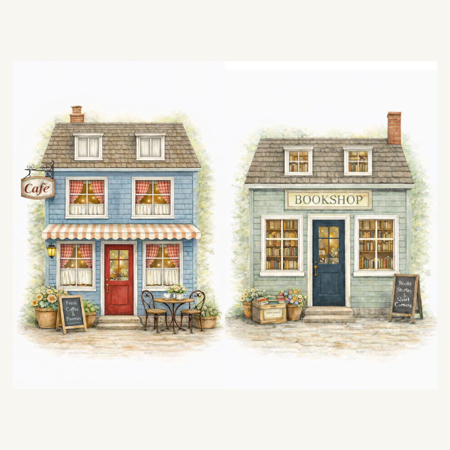 Printable village buildings including two story cafe bookshop  for junk journals