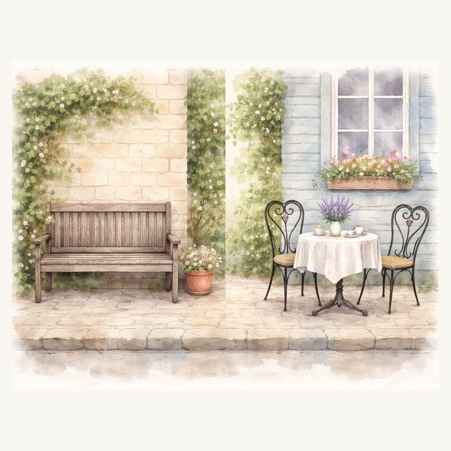 Printable village sidewalk scenes with bench and table for two for junk journals