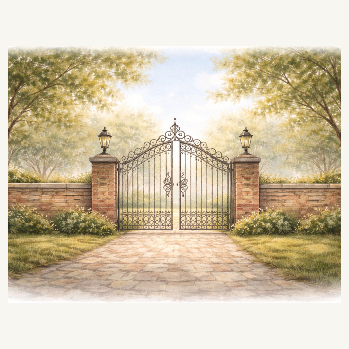 Junk journal printable with iron gate ain center of stone fence and stone path through park area with grass, trees and bushes.