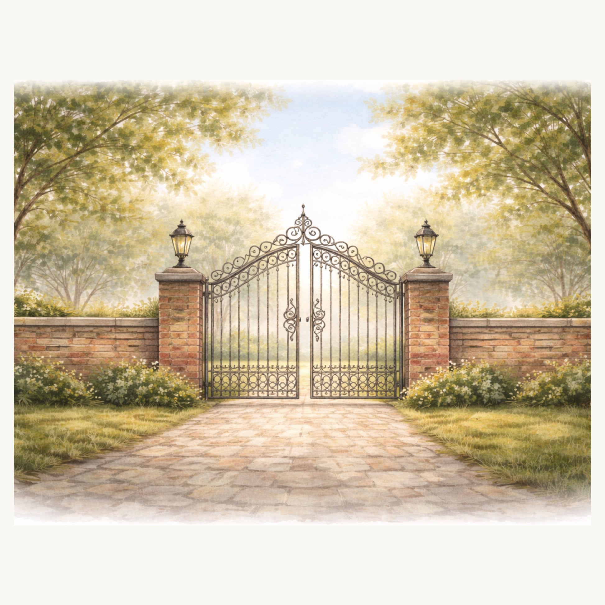 Junk journal printable with iron gate ain center of stone fence and stone path through park area with grass, trees and bushes.
