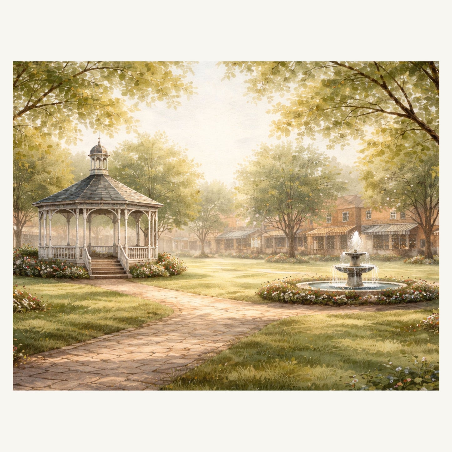 Printable scene of town square park with trees, flowers, gazebo and fountain. Park is surrounded by businesses on the outer edge. For Junk journals