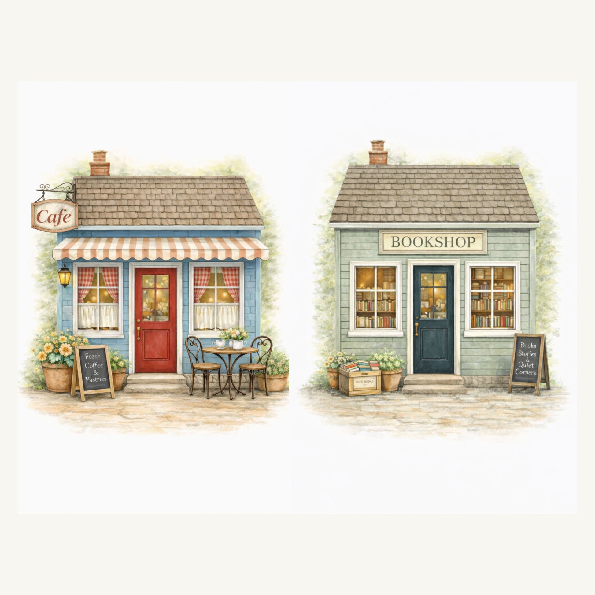 Printable village buildings including cafe bookshop for junk journals