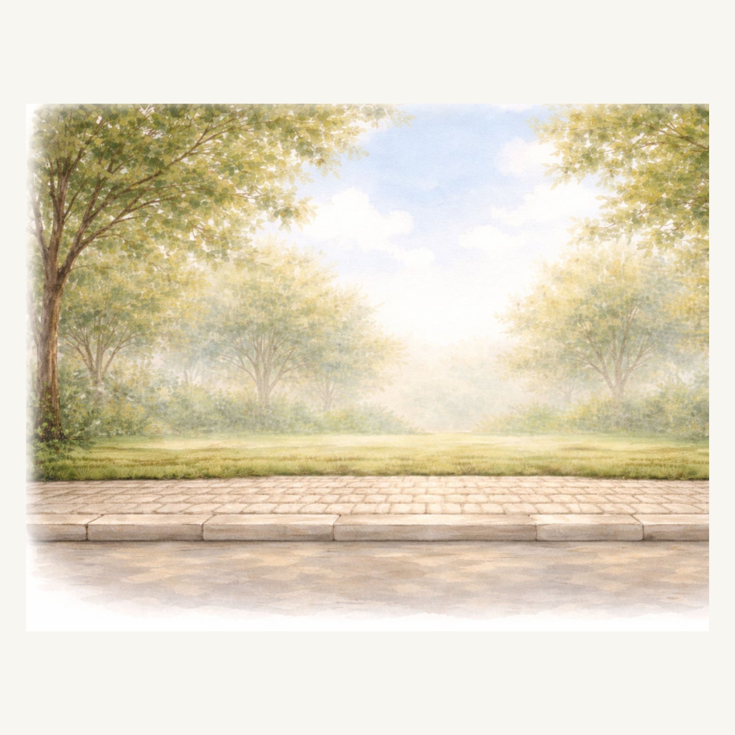 Printable for junk journaling with a brick sidewalk at the edge of grass and trees.