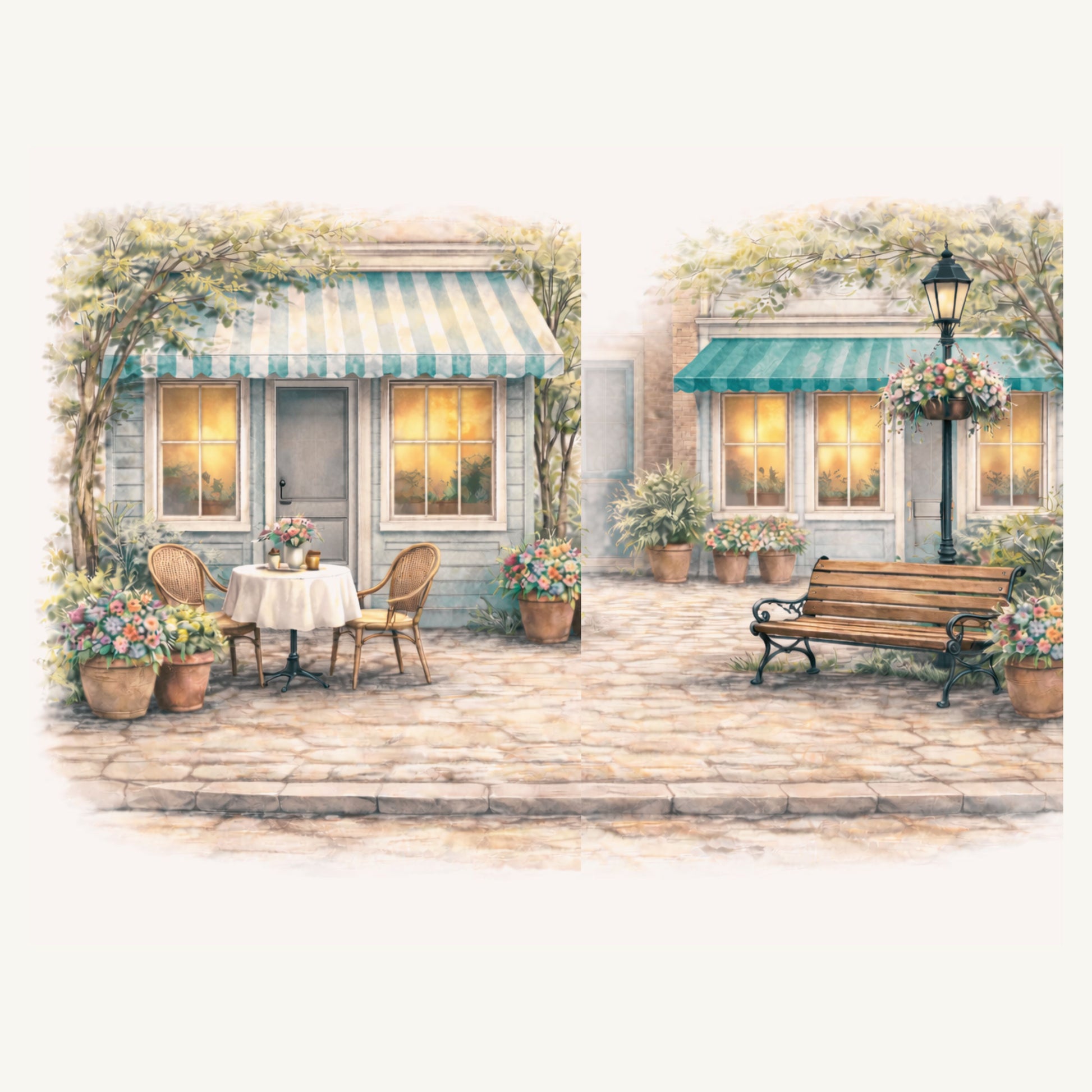 Printable village outdoor sidewalk scene with business in background, glowing windows, table for two and park bench, light post, hanging flowers, potted plants,  for junk journals