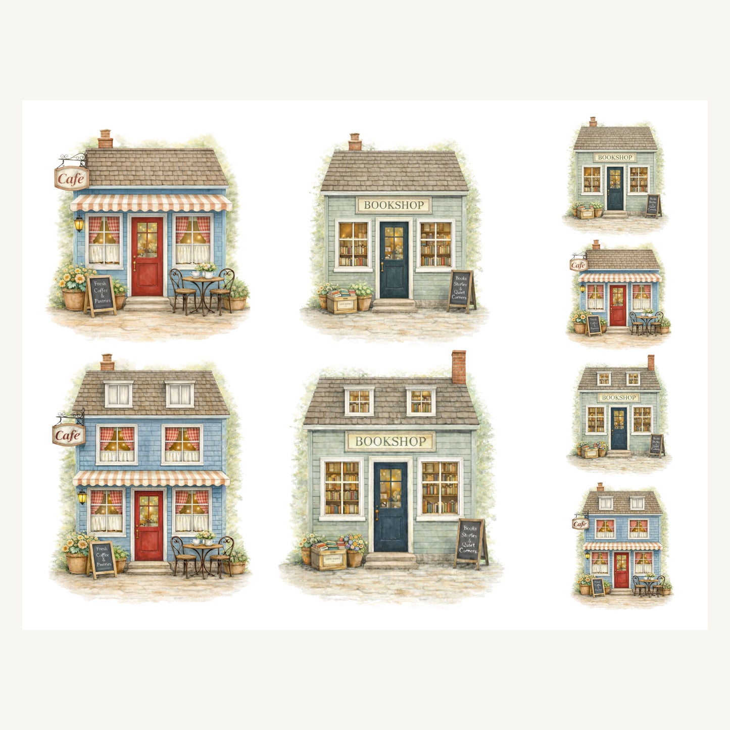 Printable village buildings including various sizes cafe and bookshop  for junk journals